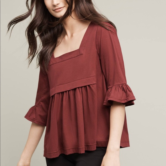 Anthropologie Tops - ANTHROPOLOGIE Maroon Ruffle Cotton Top